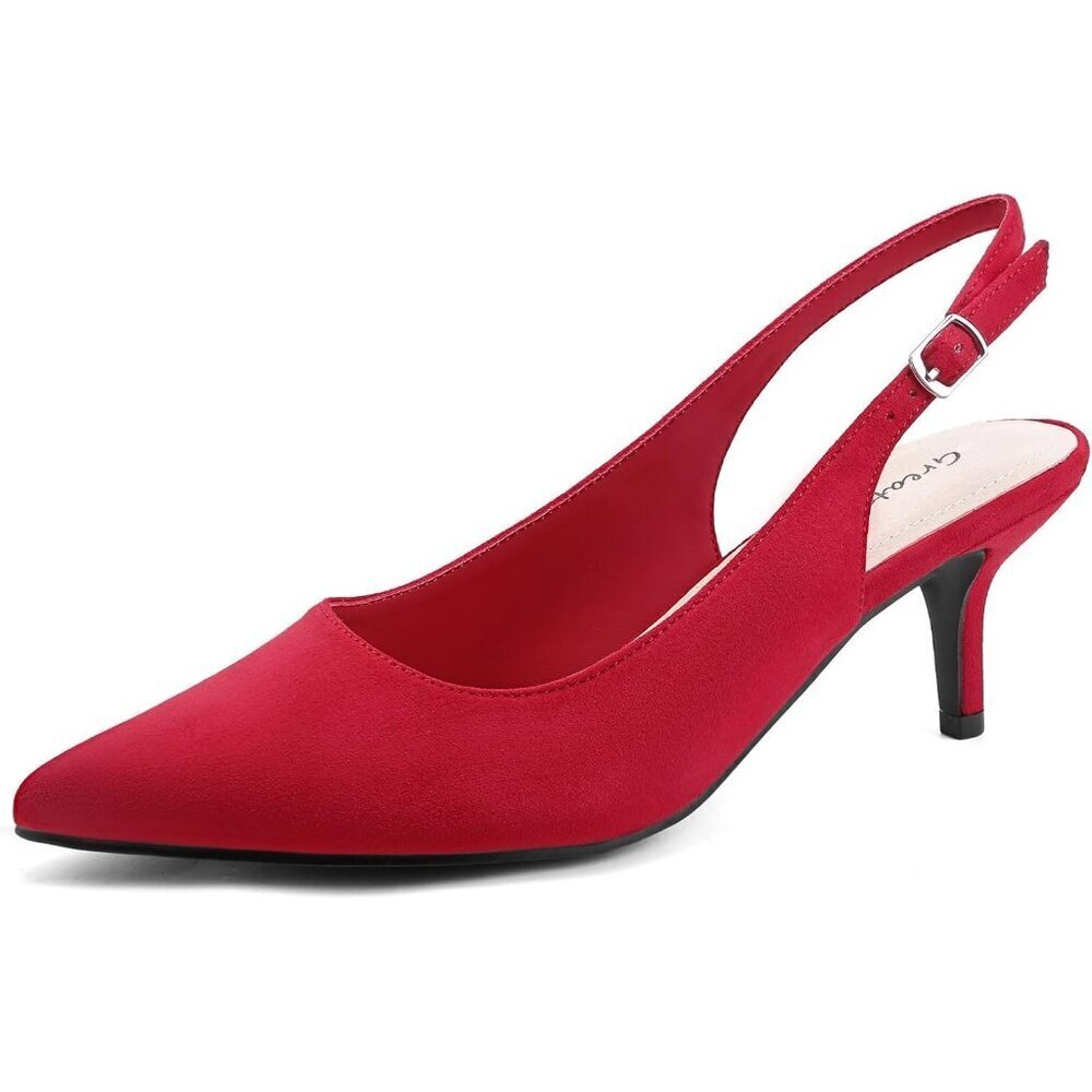 Women Red Low Pumps Closed Pointed Toe Kitten Heels Party Dressy Shoes